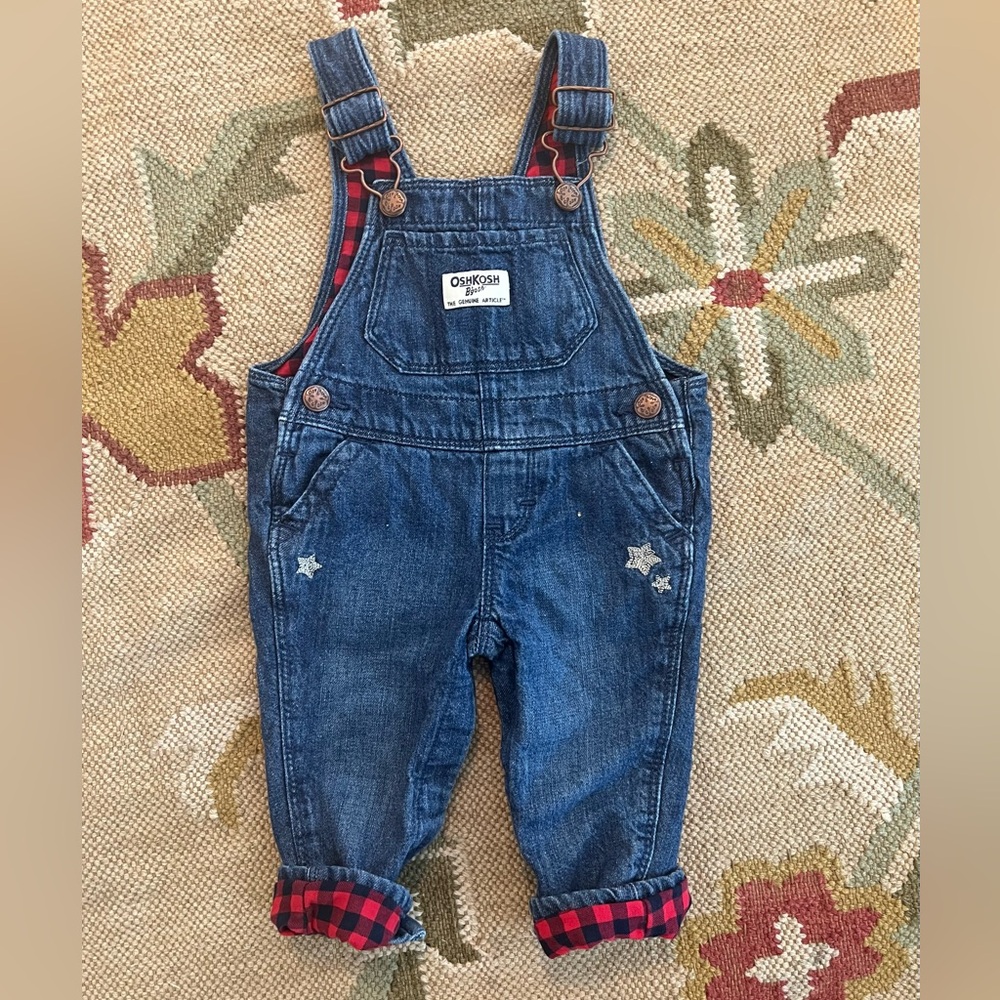 OshKosh B'gosh Blue Denim Plaid Flannel Lined Overalls 6 Months